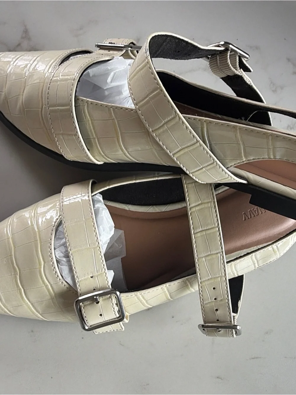 Old Navy Cream Croc-Embossed Pointed Slingback Flats with Dual Buckles